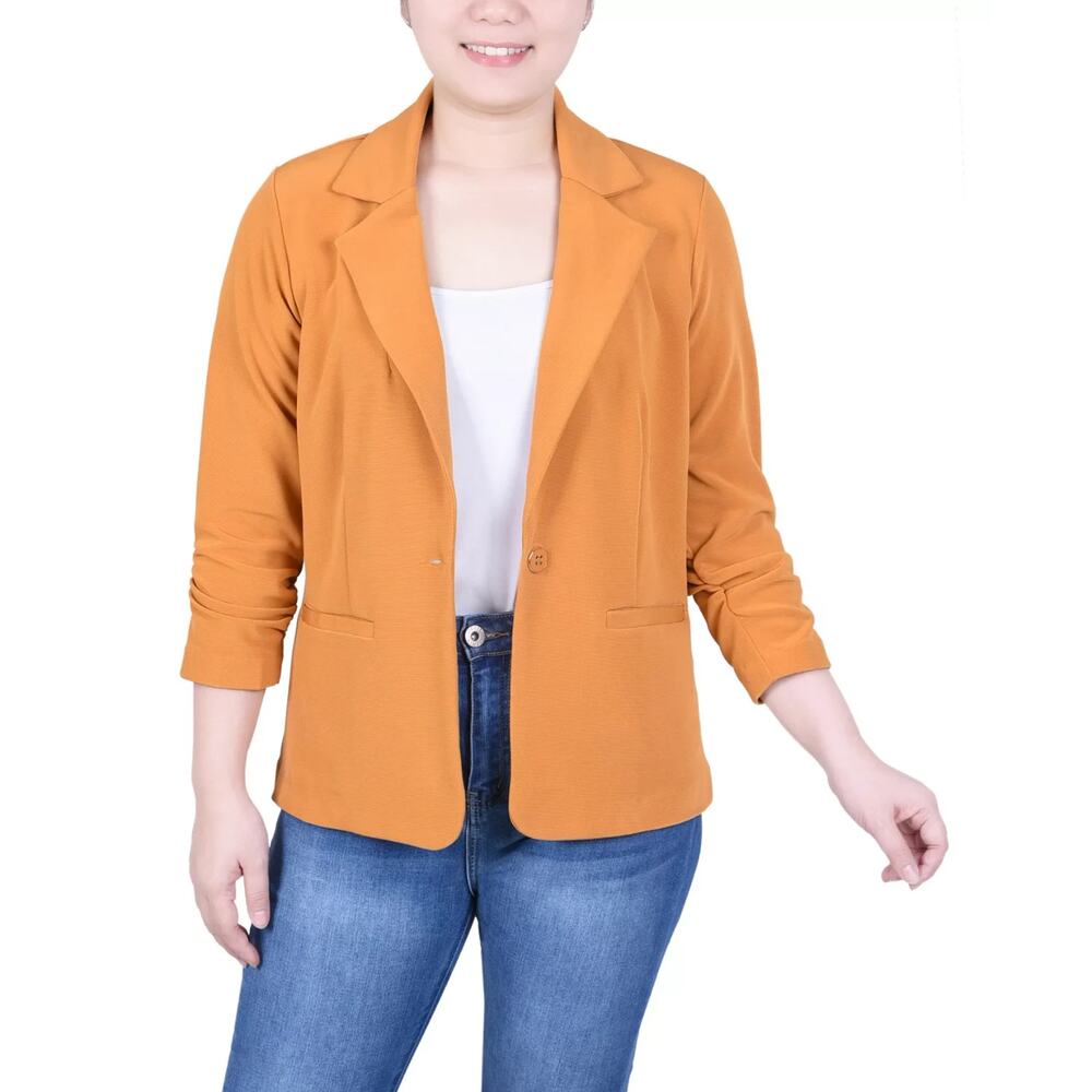 NY Collection Petite 3/4 Sleeve Knit Ottoman Blazer Yellow Size PM 1801